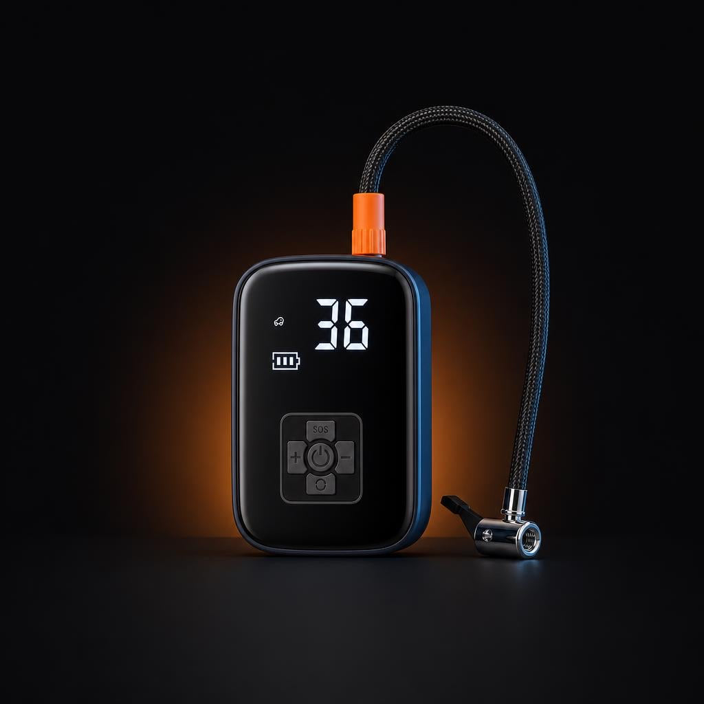 Cordless tire inflator with an orange glow
