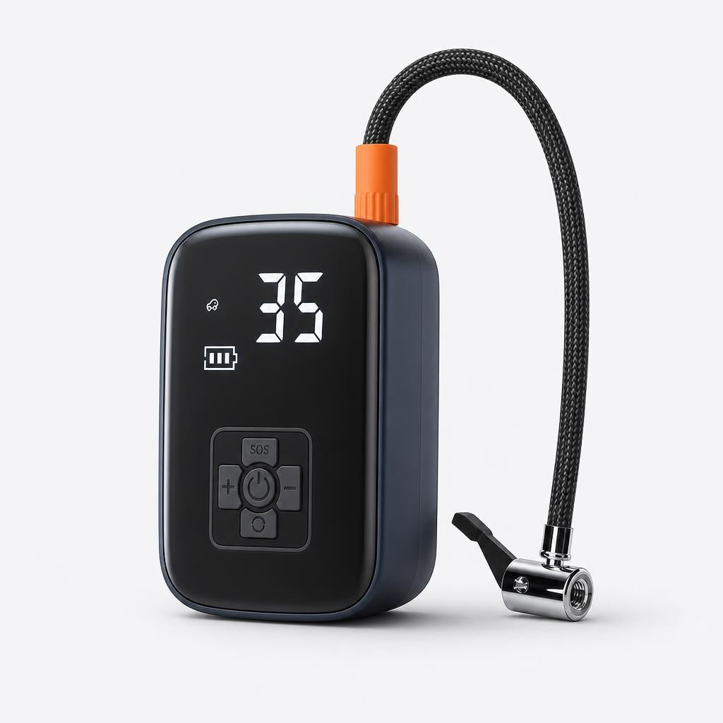 Ulaine cordless tire inflator, front view with LED display
