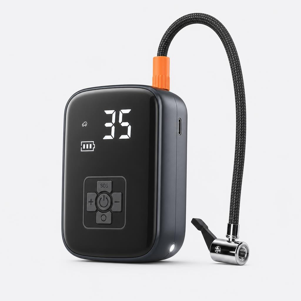 Cordless tire inflator with LED display, control buttons and braided hose