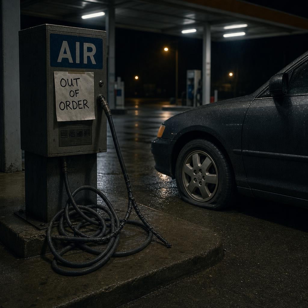 Broken coin-operated air machine at a gas station at night