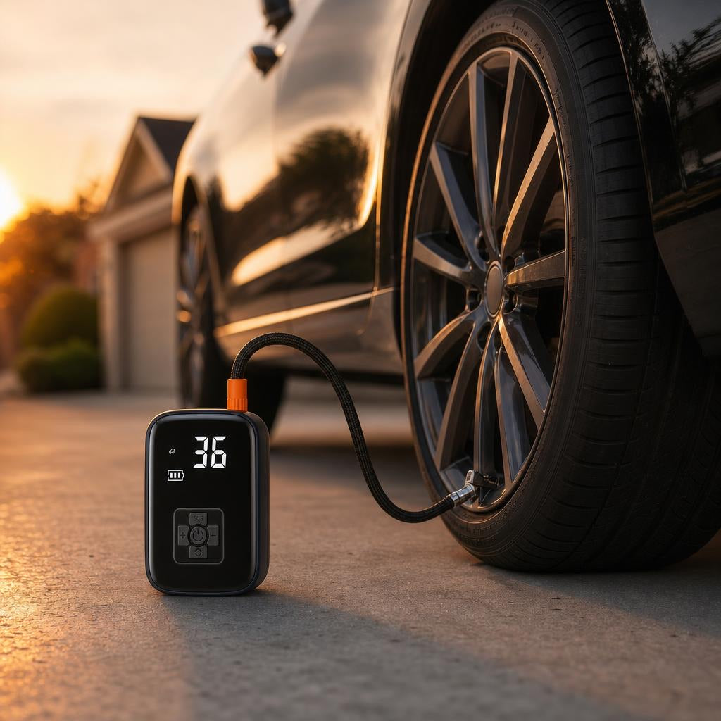 Cordless inflator connected to a car tire in a home driveway at sunset